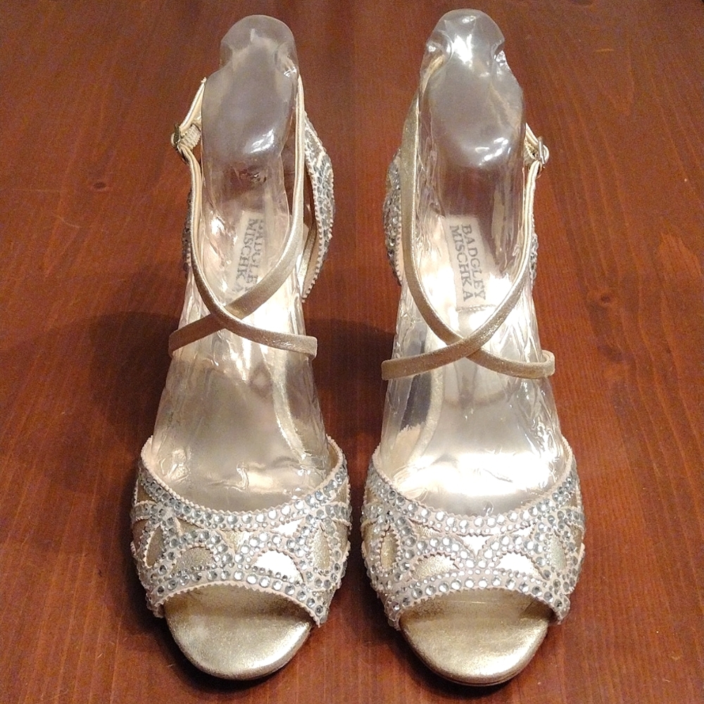 Badgley Mischka Gold Wedges with Rhinestones - Picture 5 of 13